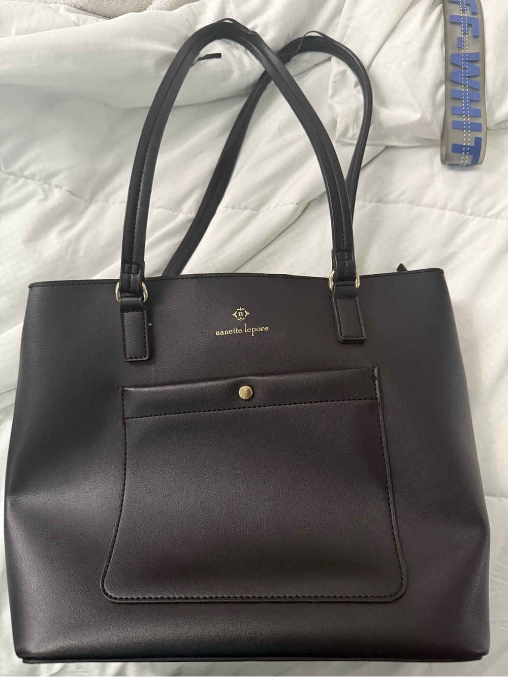 Nanette Lepore Dark Brown Structured Tote with Front Pocket.